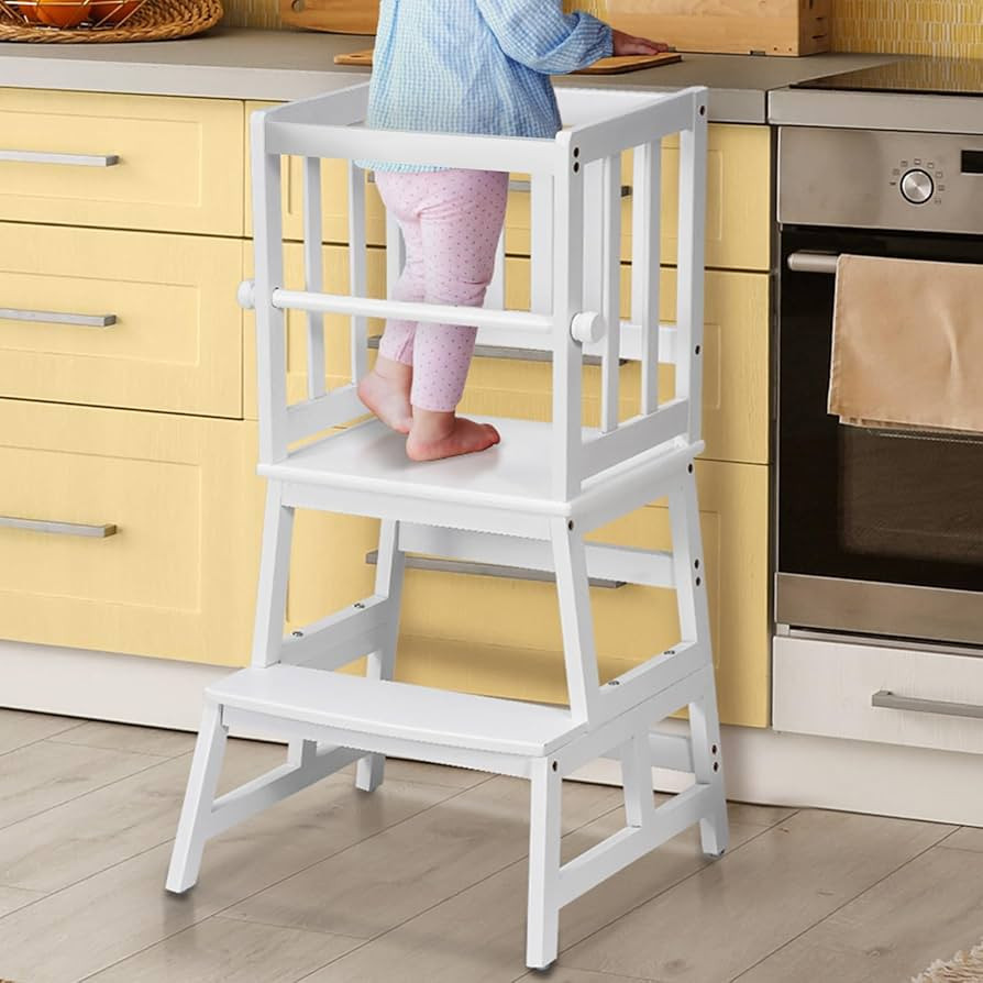 COSYLAND Kids Kitchen Step Stool Helper with Gloves Removable Anti-Drop Railing Safety Rail, Non-... | Amazon (US)