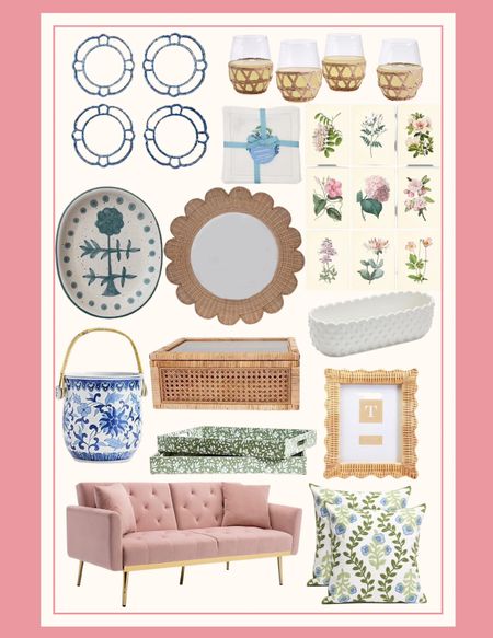 Amazon home decor.  Amazon finds. Pink couch. Island wrap stemless glasses. Rattan display box. Rattan scalloped wall mirror. Wicker picture frame. Floral wall art. Hydrangea embroidered linen cocktail napkins.  Green floral trays. White cracker dish. Bamboo touch dinner plates. Blue floral cooler bucket. Hand painted stoneware floral platter. Home decor. Dinner parties. Living room decor. Kitchen decor. Family room decor. 
.
.
.
.
… 

#LTKhome #LTKunder100 #LTKfamily