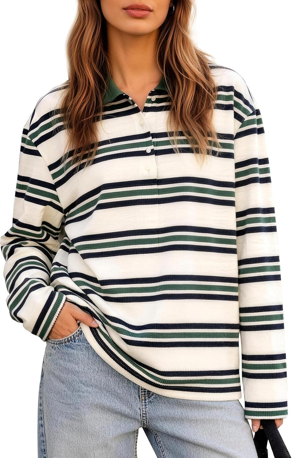 Flygo Womens Striped Polo Shirts Rugby Long Sleeve Collared Pullover Top | Amazon (US)
