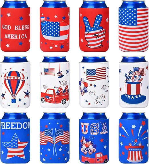 4th of July Decorations, 12PCS Beer Can Cooler Sleeves for Fourth of July Independence Day Decor,... | Amazon (US)