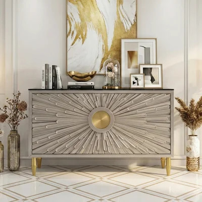 63'' White Buffet Sideboard,4 - Door Sunburst Design Dining Room Sideboard,Modern Buffet cabinet | Wayfair North America