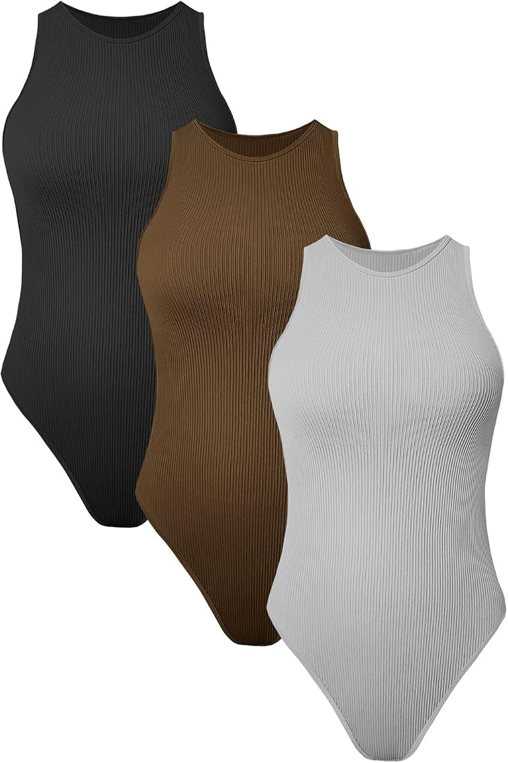 AUTOMET Womens 3 Piece Bodysuits Sexy Ribbed Sleeveless Halter Neck Shapewear One Piece Jumpsuits... | Amazon (US)