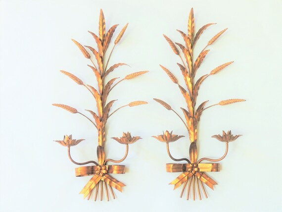Large Florentine Gilt Italian Candle Sconces, set of two, wheat sheaf, tole ware, vintage Hollywo... | Etsy (US)
