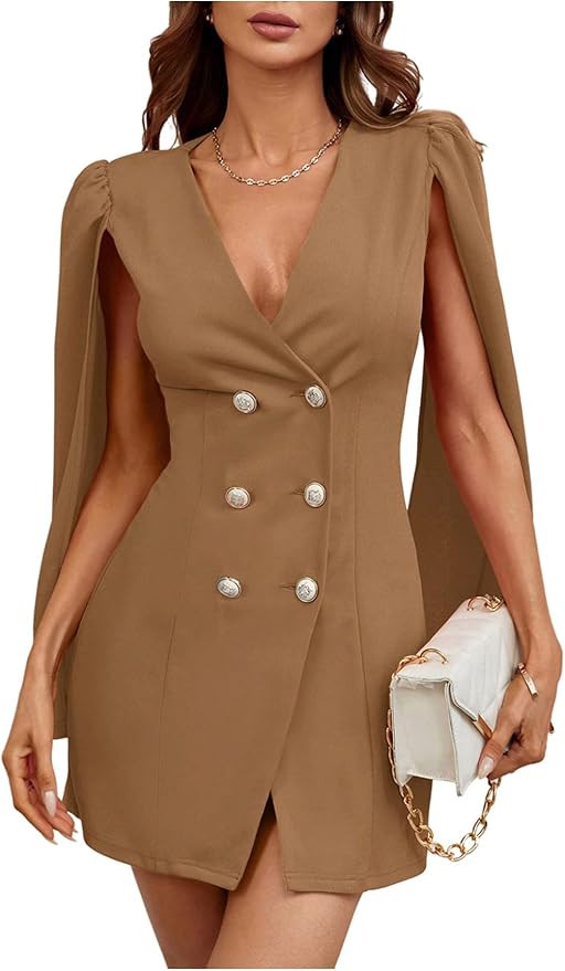 Floerns Women's V Neck Double Breasted Cape Blazer Split Sleeve Elegant Blazer Dress | Amazon (US)
