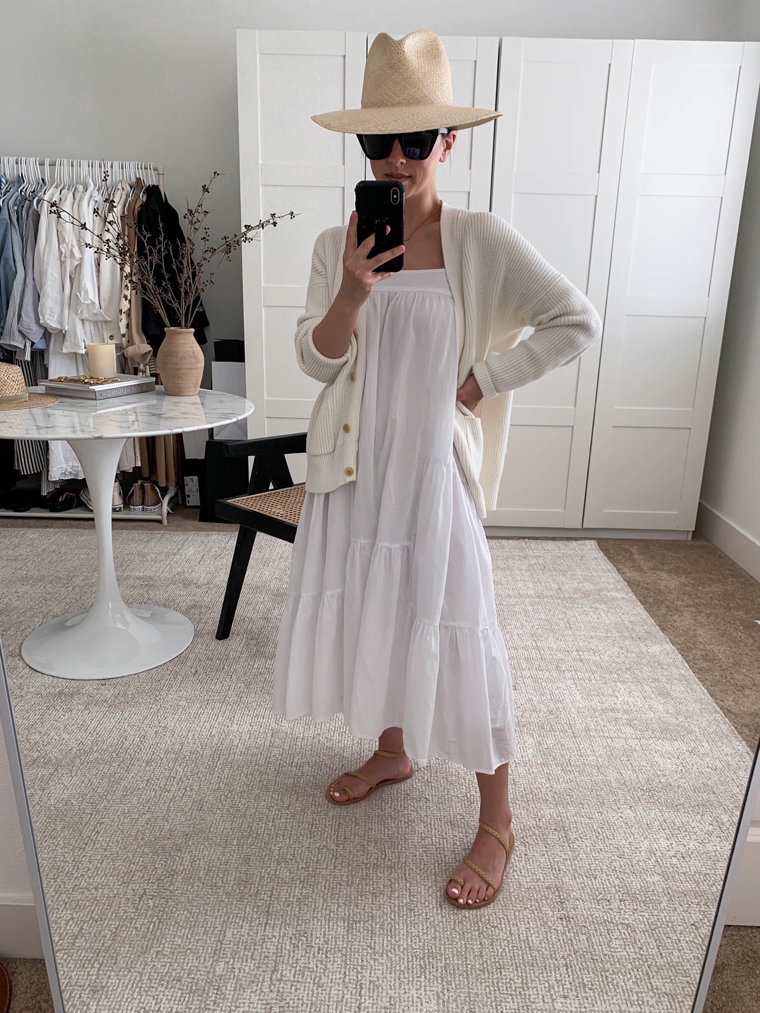Jenni Kayne summer dress- on sale! Use code reset20. Runs oversized on my petite frame. Love how versatile this dress is. 

Dress- Jenni Kayne xs 
Cardigan- J.Crew xxs
Sandals- Ancient Greek 35
Hat- Janessa Leone small 

Spring dress, Easter dress, travel outfit, white dress, petite dress, neutral capsule wardrobe, minimal style, tonal outfit. 

#LTKsalealert #LTKFind #LTKshoecrush