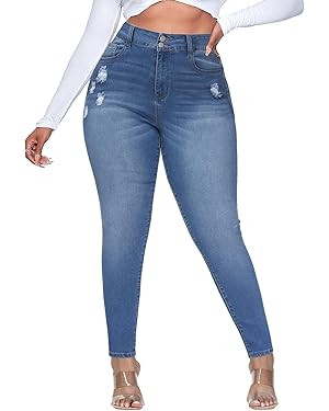 Womens Plus Size Skinny Jeans Stretchy High Waisted Ripped Distressed Ankle Jean | Amazon (US)