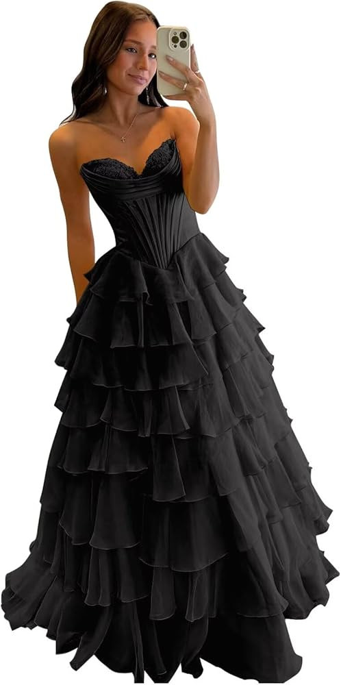 Tiered Chiffon Prom Dress Long Ball Gwon 2025 with Slit for Women Satin Cowl Neck Strapless Evening Dress | Amazon (US)