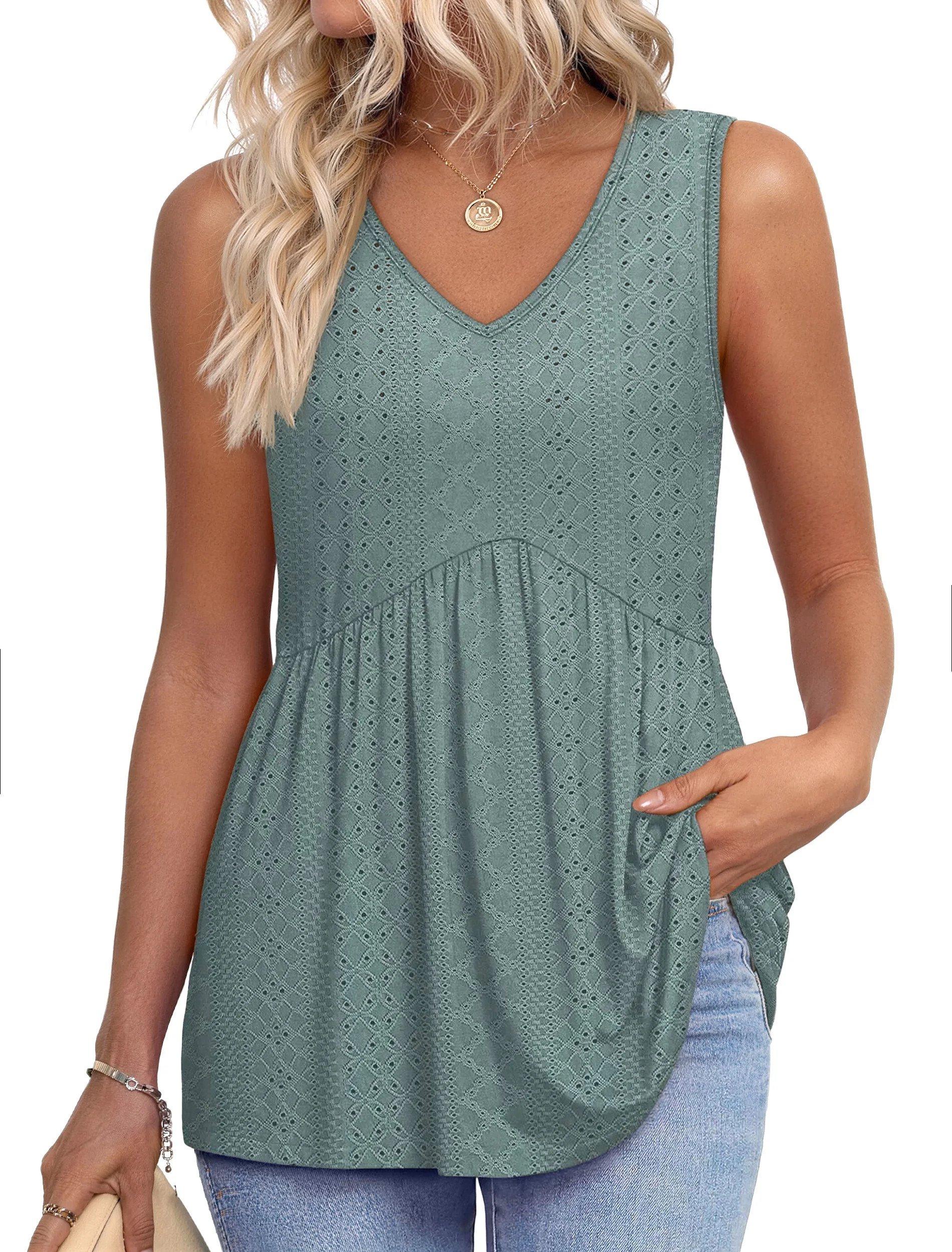 MOSHU Womens Tank Tops Eyelet Sleeveless Tops for Women Dressy V Neck Babydoll Tank Tops Flowy Su... | Walmart (US)
