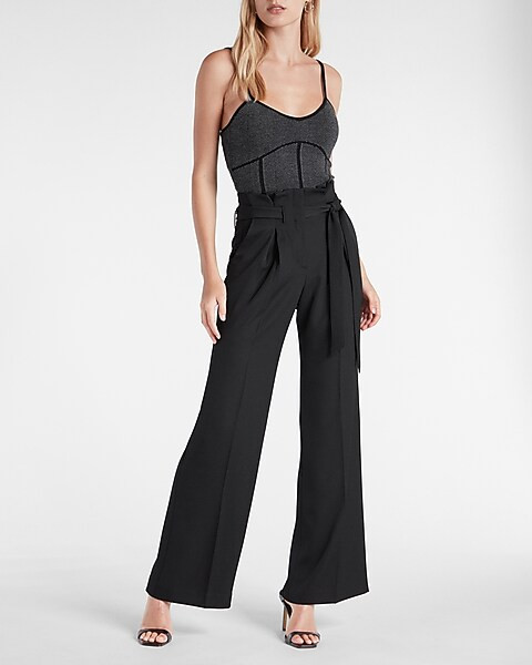 High Waisted Belted Twill Wide Leg Pant | Express