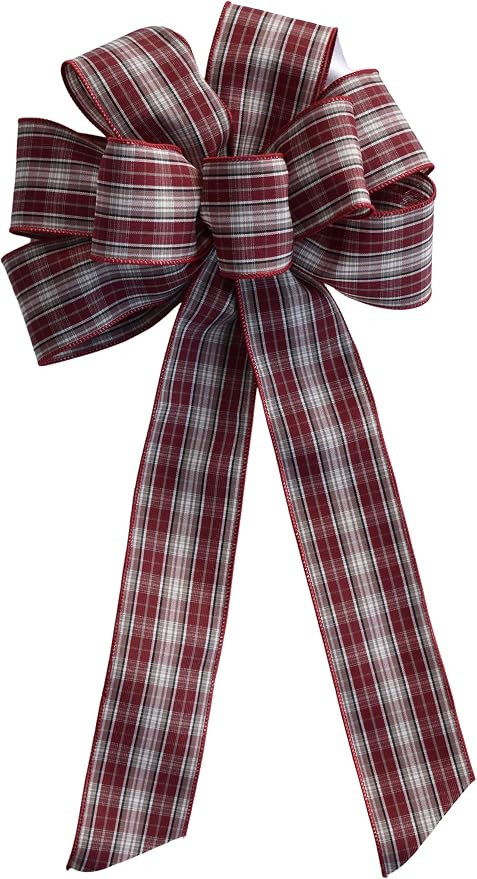 10" Burgundy and Natural Plaid Wired Holiday Bow | Amazon (US)