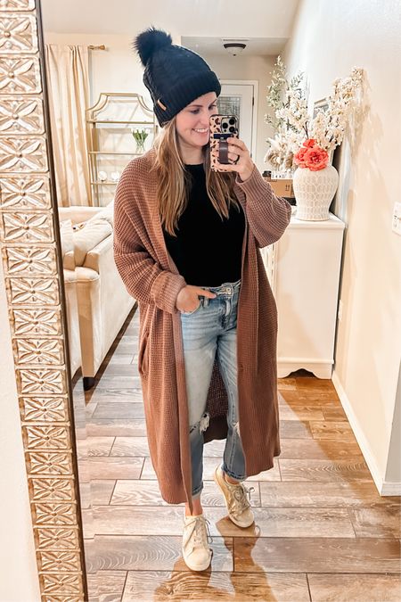 Amazon finds: Casual outfit. Winter fashion. Long duster cardigan (size down runs big) ribbed knit high neck black tank top (one of my all time fave basics), distressed ripped mom  jeans, & golden goose dupes sneakers. 

#LTKFind #LTKunder50 #LTKunder100