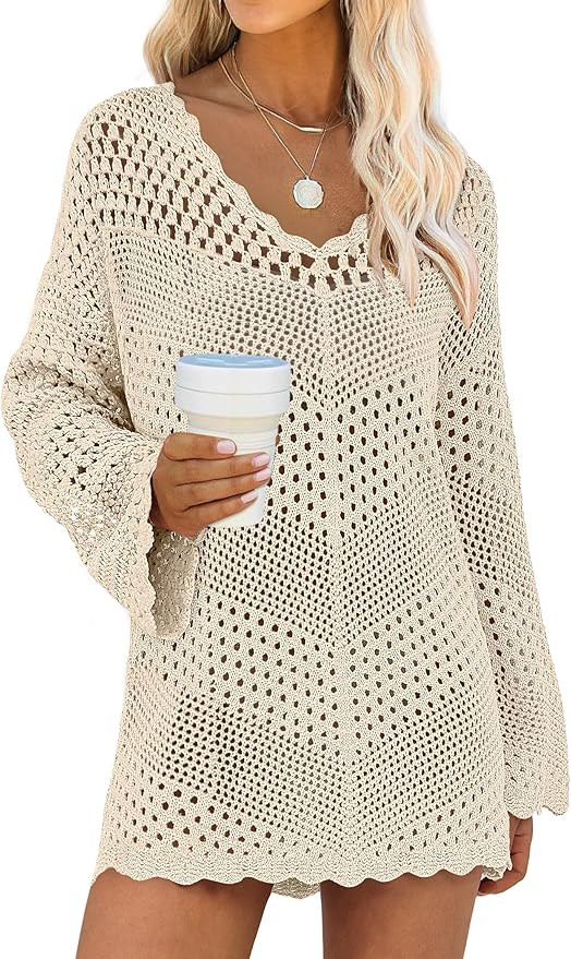 ANRABESS Swimsuit Cover Up for Women Crochet Bathing Suit Summer Swimwear V Neck Mesh Knit Dress ... | Amazon (US)