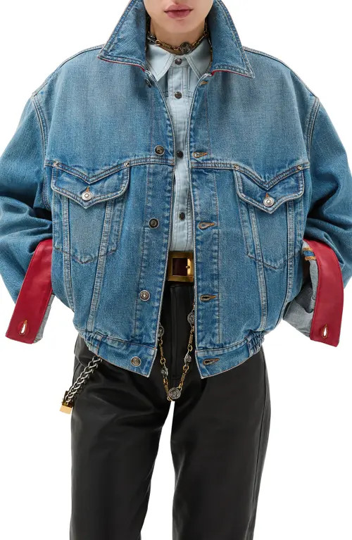 Versace Gender Inclusive Oversize Colorblock Denim & Leather Trucker Jacket in Medium Blue Red at Nordstrom, Size 6 Us | Nordstrom