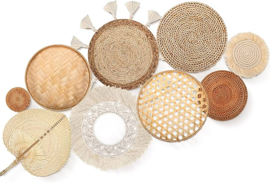 Sieral Set of 9 Wall Basket Decor Boho Hanging Rattan Flat Round Wicker Woven Macrame Tassels Tap... | Amazon (US)