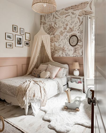 Bed and side table are from marketplace. Curtains are ikea. Pink paint color is Sashay Sand by SW 

girls room, vintage style, bed canopy, floral printed duvet, girls bedroom decor, cottage style 

#LTKhome #LTKkids