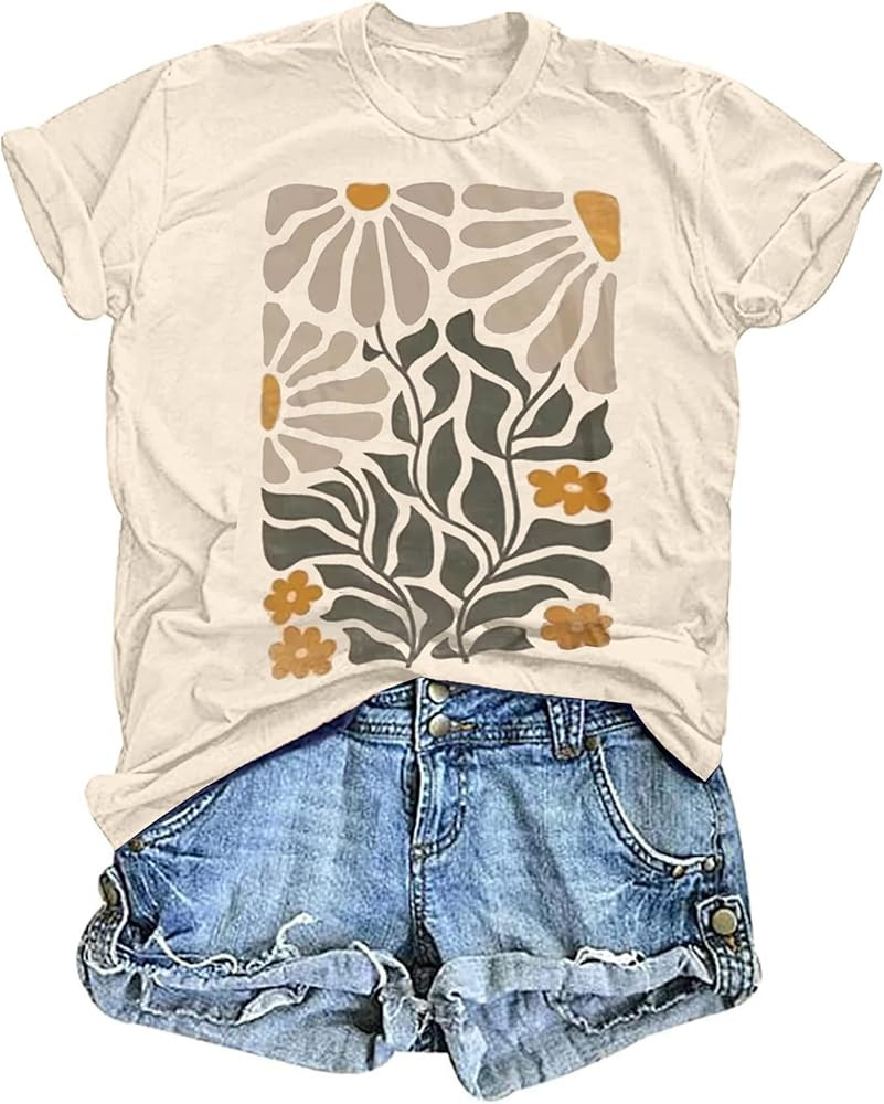 Women's Vintage Floral T Shirt Boho Wildflower Graphic Loose Tees Short Sleeve Casual Tops | Amazon (US)