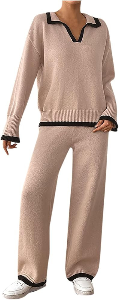 Womens Lounge Sweater Sets 2 Piece Matching Contrast Trim V Neck Collared Sweaters Wide Leg Pants... | Amazon (US)