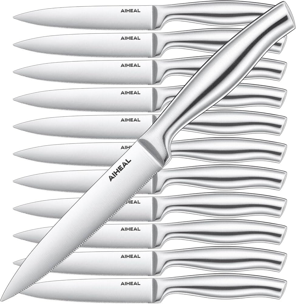 Stainless Steel Steak Knives Set of 12 - Never Needs Sharpening, 4.5 Inch Sharp Micro Serrated Di... | Amazon (US)