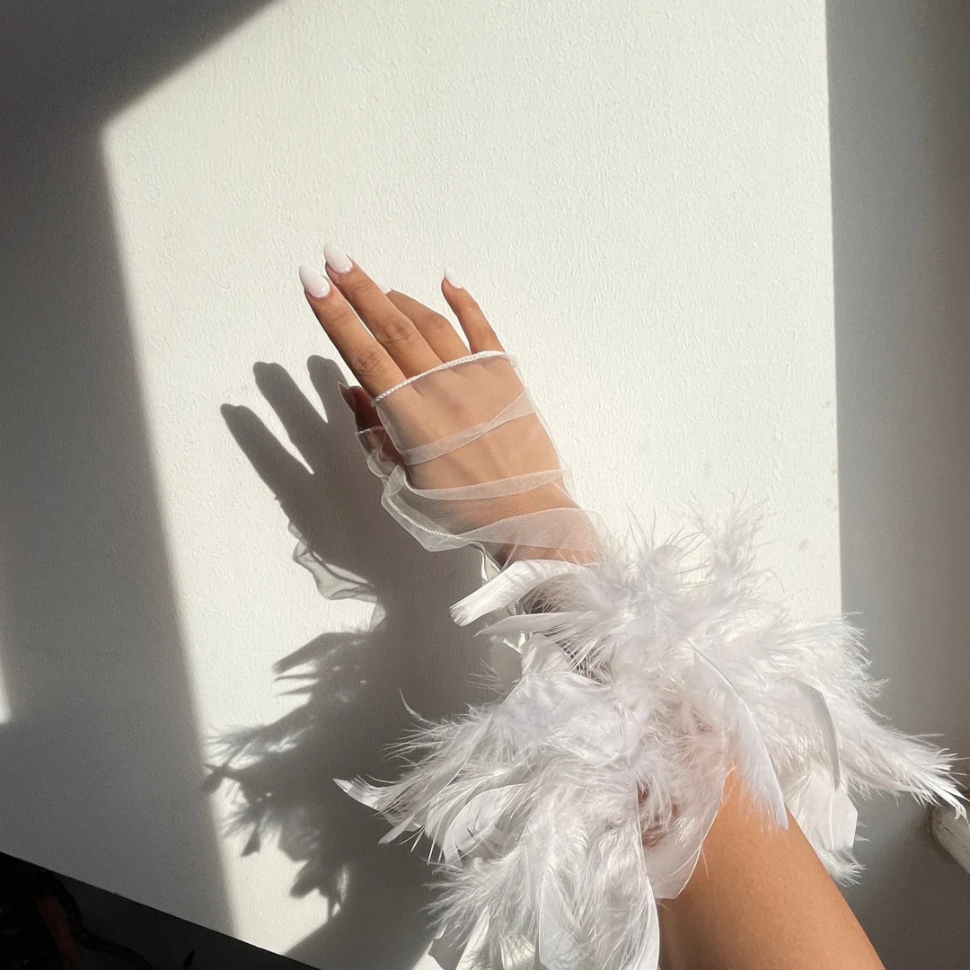 Fée White Tulle Handmade Gloves With Boa Feathers Fancy Casual Bridal Fingerless Party Glam Stat... | Etsy (US)
