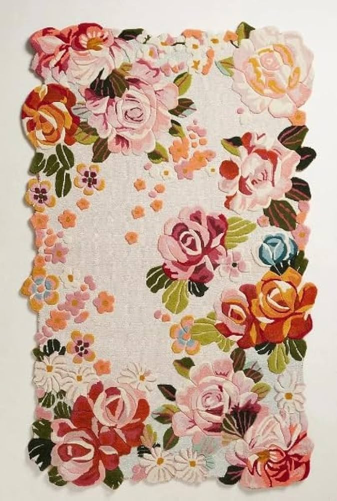 Blue Edge Rug Handmade Pink & Red Yellow Roses Irregular Shape and Oval Shape Multicoloured Flora... | Amazon (US)