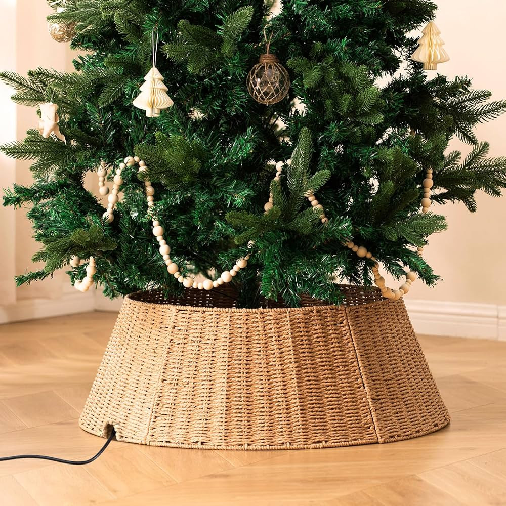 Rustic Farmhouse Christmas Tree Collar - Holiday Decorations - Natural Woven Wicker Tree Base Cov... | Amazon (US)