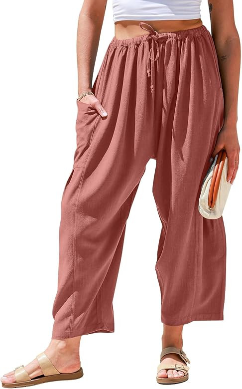 TARSE Womens Linen Wide Leg Pants Casual Loose Drawstring Low Waist Beach Palazzo Harem Pants wit... | Amazon (US)