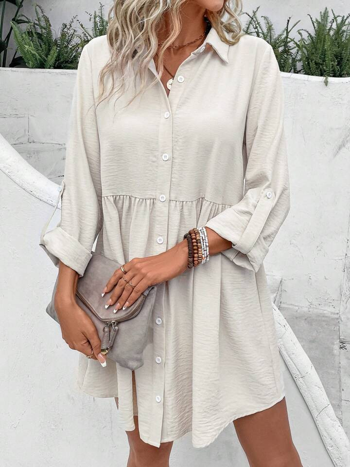 SHEIN Frenchy Solid Button Front Shirt Dress | SHEIN