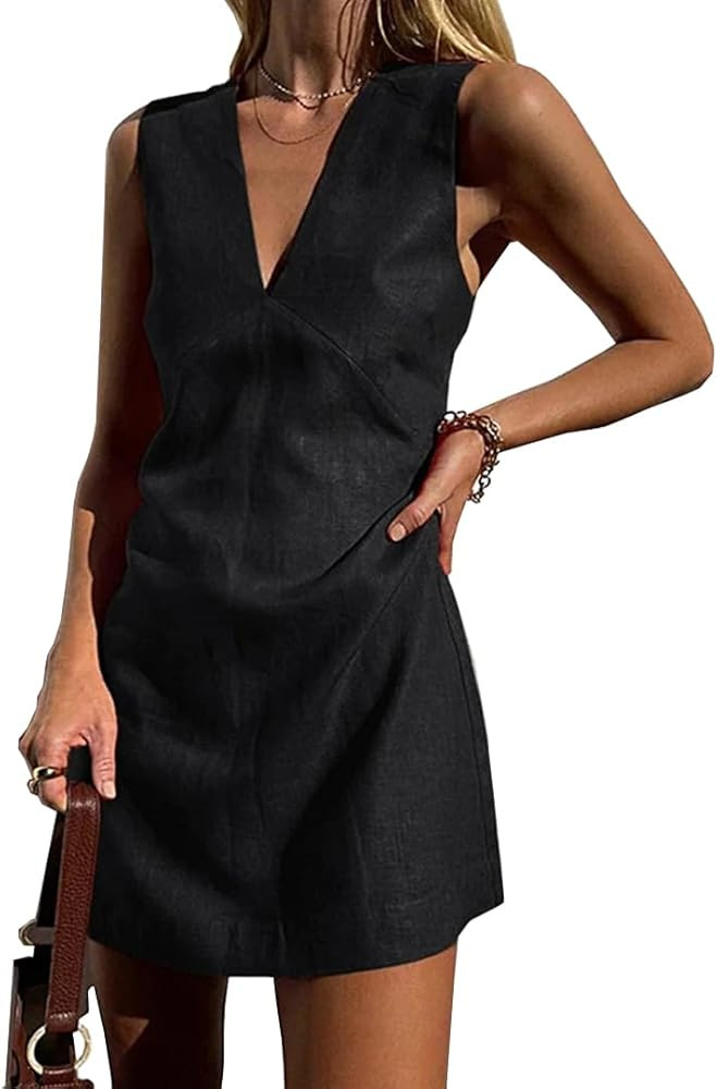 Womens Summer Deep V Neck Sleeveless Linen Mini Dress Casual Beach Sunshine A-line Cotton Tank Dr... | Amazon (US)