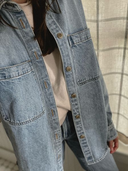 90s mom vibes, oversized denim button-up/jacket, Madewell 