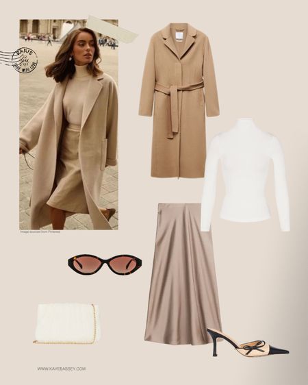 Parisian approved fall outfit idea for workwear and beyond: 
- camel wool coat 
- turtleneck sweater 
- brown silk midi skirt 
- kitten heels 

#LTKworkwear #LTKstyletip #LTKSeasonal