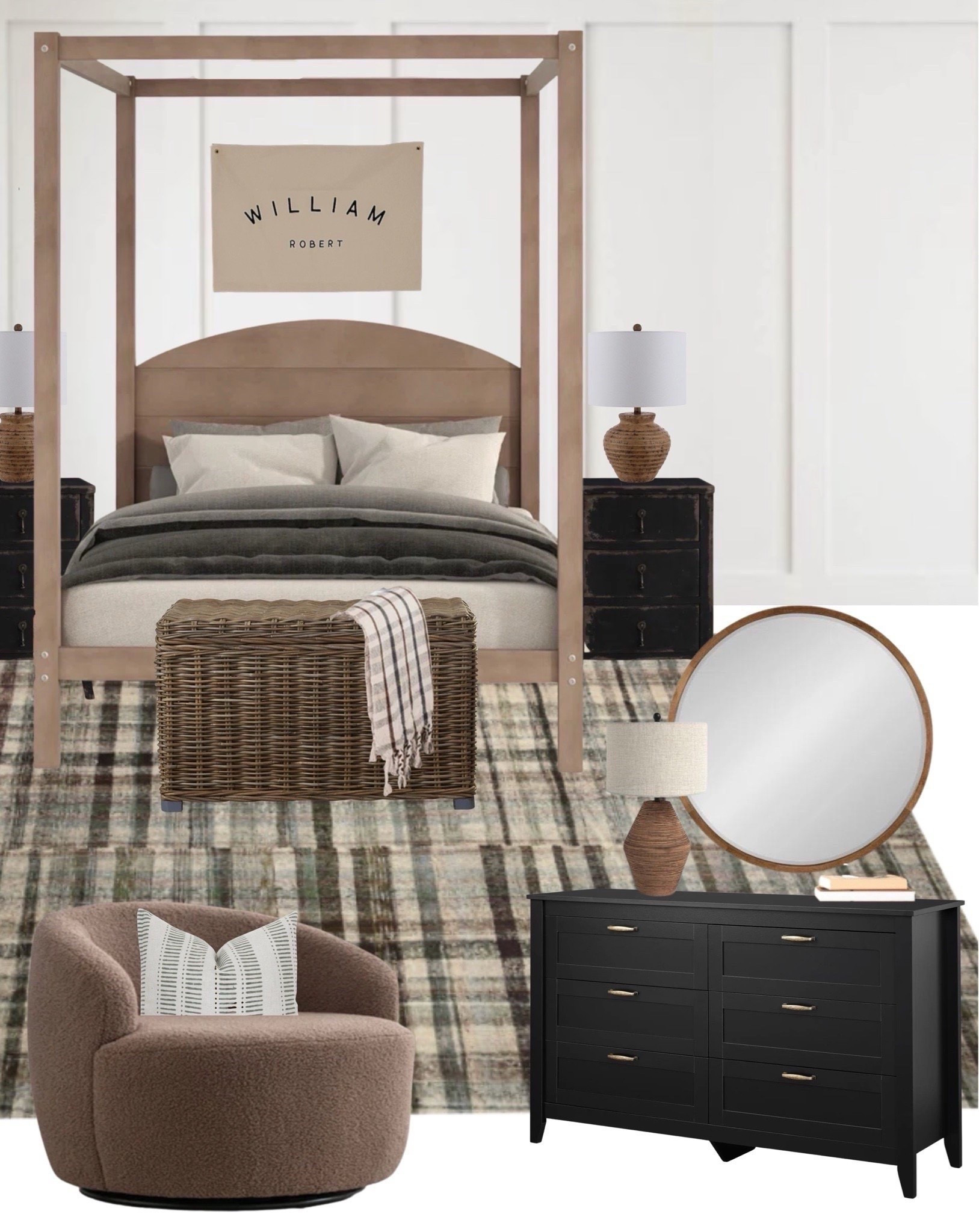 Teen boys bedroom, boys room decor, kids bedroom decor ideas, canopy bed, bedroom rug, nightstand #bedroom