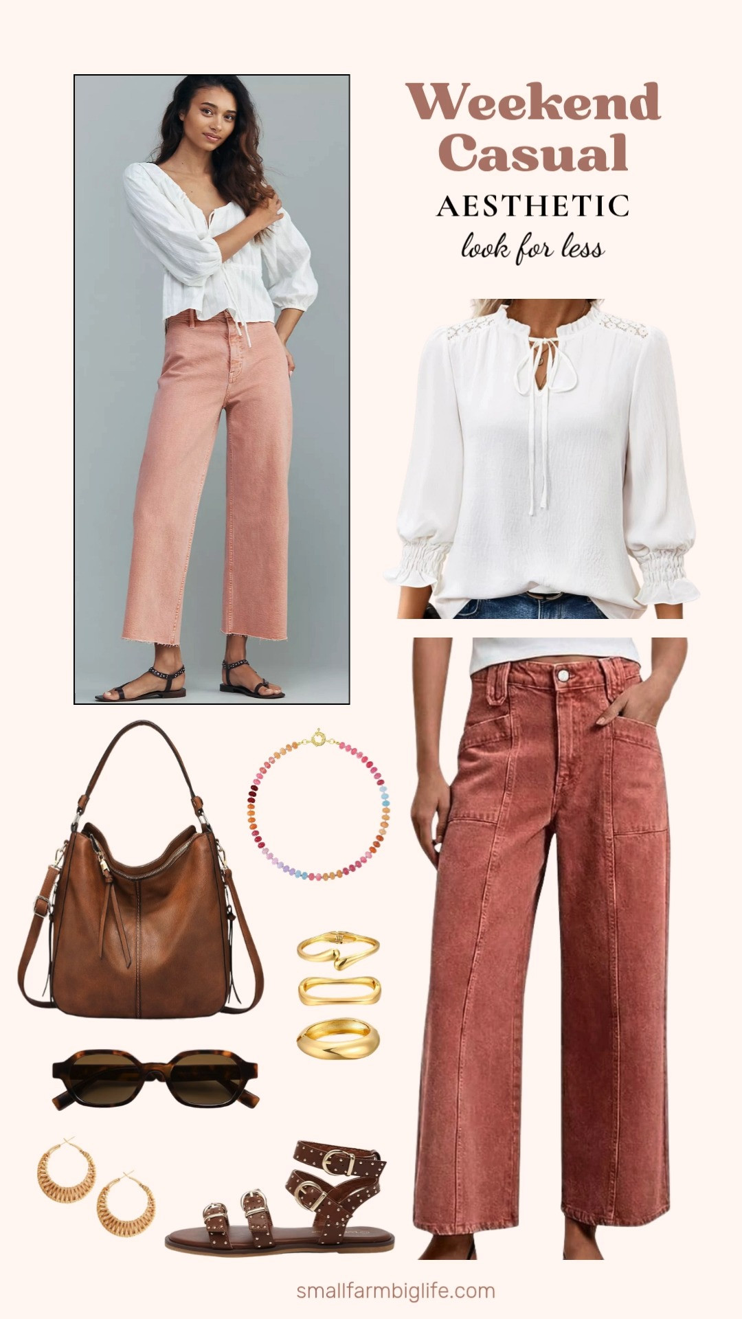 Love the weekend casual aesthetic but not the designer price tag? I found all the pieces on Amazon for so much less! From coral wide leg pants and a ruffle collar boho peasant blouse to rhinestone buckle fisherman sandals, a gorgeous faux leather hobo bag, a beaded gemstone necklace, chunky gold bangles, tortoiseshell hexagon sunglasses, and the most beautiful handwoven rattan hoop earrings, you can get the whole effortless and bohemian inspired look for a fraction of the cost. Linking everything below! 

 #LTKgrwm #LTKootd #LTKOver40