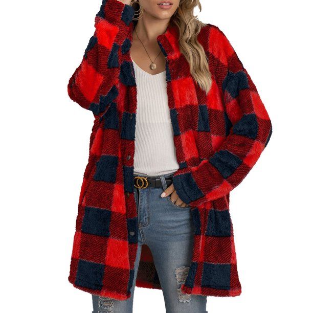 Wallarenear&nbsp;Women Plush Color Contrast Plaid Single-breasted Jacket | Walmart (US)