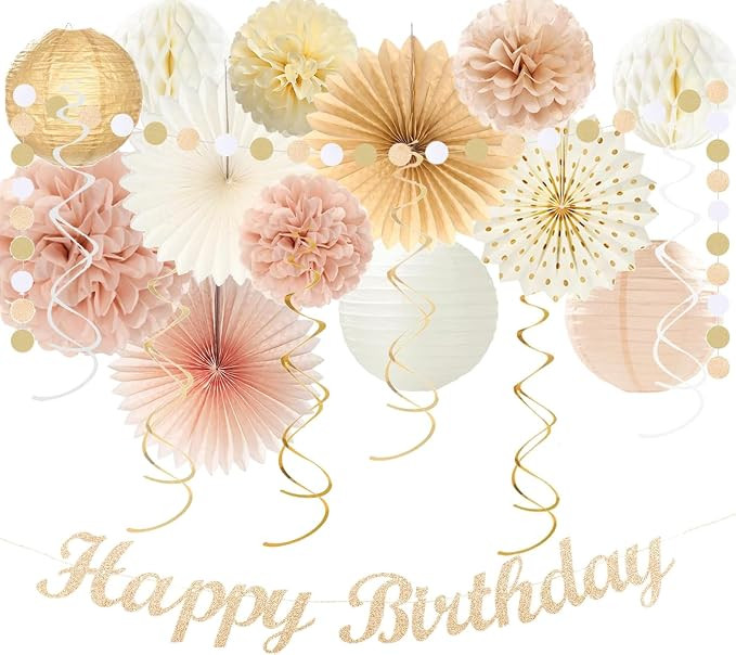 Acidea 21pcs Champagne-Gold Beige Boho Birthday Party Decorations, Retro Warm Paper Fans Party De... | Amazon (UK)