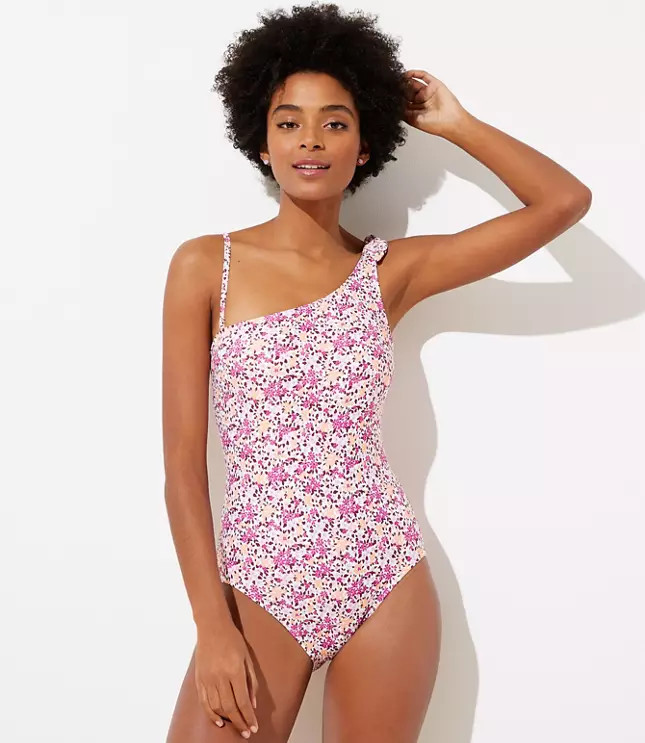 LOFT Beach Petaled Tie One Shoulder One Piece Swimsuit | LOFT | LOFT