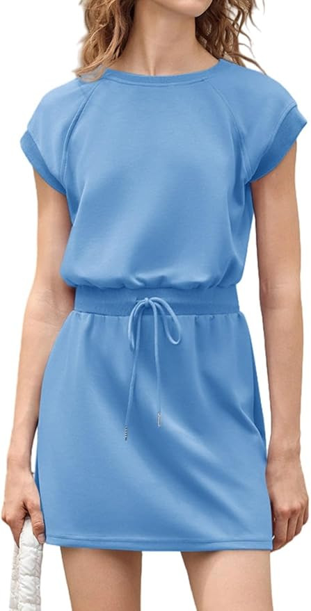 Fisoew Womens Summer Athletic Dress Drawstring Cap Sleeve Crewneck Casual Active Tennis Dresses | Amazon (US)