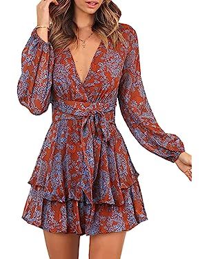 Dokotoo Womens 2023 Summer Spring V Neck Ruffle Chiffon Elegant Tie Knot Mini Short Swing Skater ... | Amazon (US)