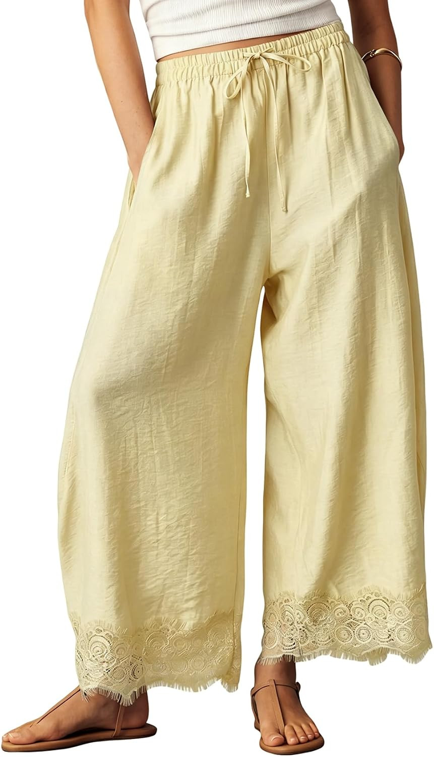 Wyeysyt Wide Leg Pants for Women Lace Trim Cropped Flowy Pants | Amazon (US)