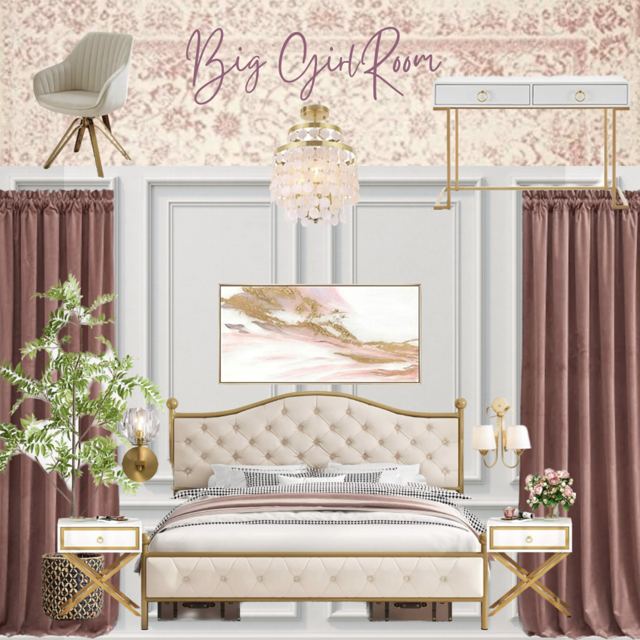 Sophisticated girly room. Gold tufted bed, velvet curtains, pinks, mauves, chandelier and desk area

#LTKhome #LTKkids #LTKbaby