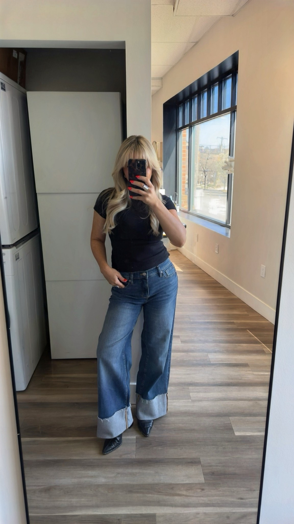 Black short sleeve mock neck size small (mauve) linked similar 
Cuffed jeans size 6
Studded black Mules size 7 

#LTKootd #LTKgrwm #LTKWorkwear