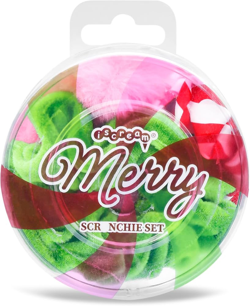 iscream Merry Holiday Set of 3 Scrunchies - Pink Fur, Satin Candy Mint Stripe and Green Velour | Amazon (US)