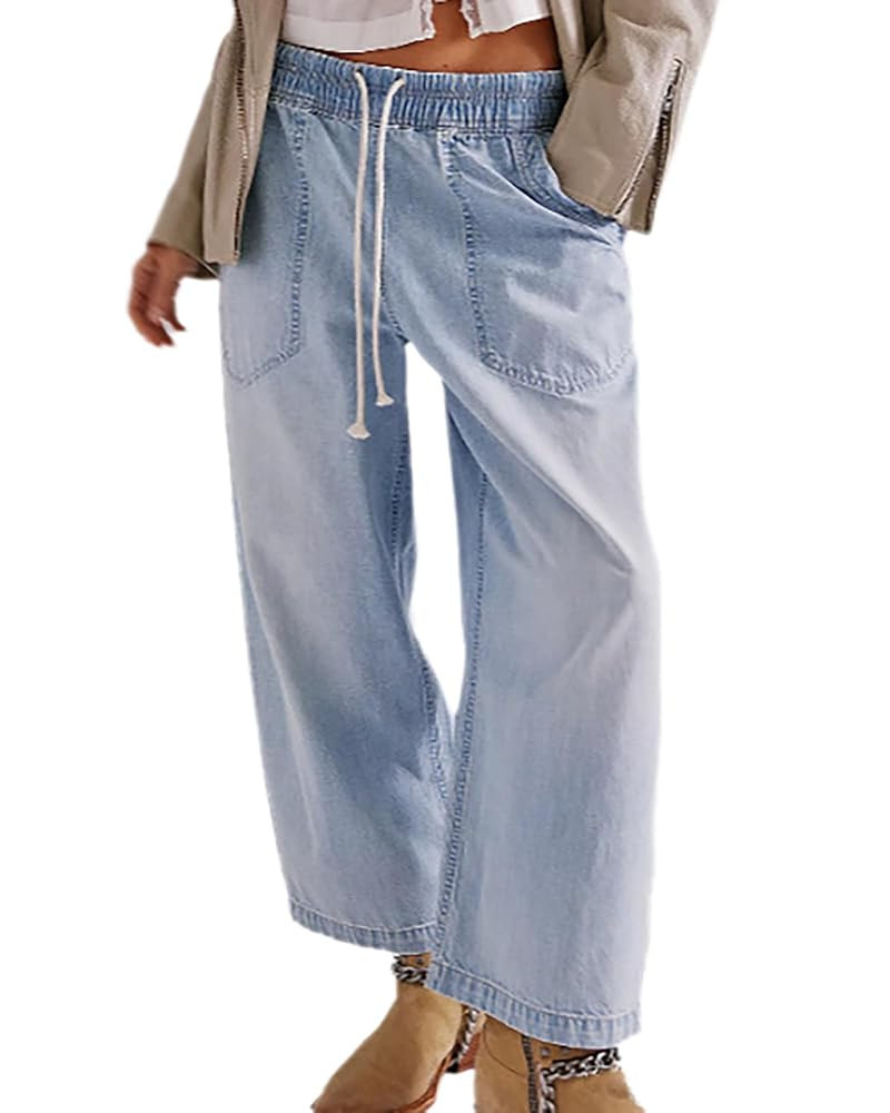 Women's Drawstring Baggy Jeans Trendy Elastic Waisted Boyfriend Wide Leg Denim Pants | Amazon (US)