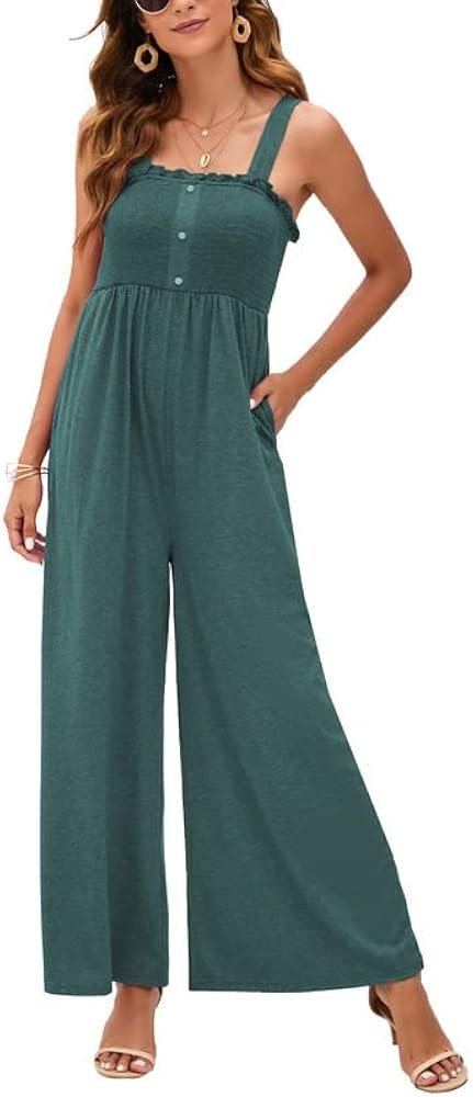 KOJOOIN Women's Maternity Sleeveless Smocked Jumpsuits Square Neck Spaghetti Straps Wide Leg Romp... | Amazon (US)