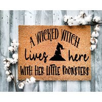 Halloween Door Mat, Funny Doormat, New Home Gift, Witch A Wicked Lives Here With Her Little Monster, 7001 | Etsy (US)