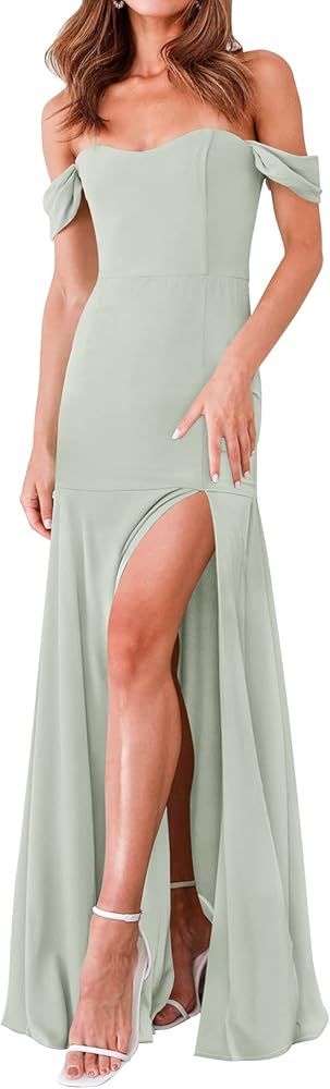 ZESICA Women's 2023 Off Shoulder Long Party Dress Short Sleeve High Split Bodycon Evening Gown Ma... | Amazon (US)
