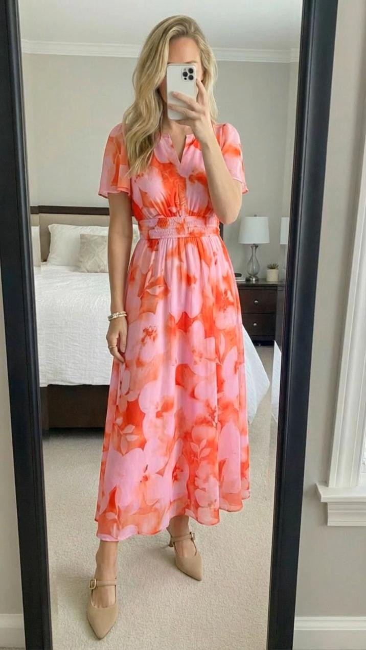 Here's a medium-length, keyword-rich LTK caption for this outfit:
"THIS PINK FLORAL MIDI DRESS IS SUMMER PERFECTION! 🌸💕
I'm OBSESSED with this pink and coral floral midi dress! If you're looking for summer wedding guest dresses, vacation outfits, garden party looks, or that perfect feminine dress for warm weather, THIS IS IT! This dress is absolutely gorgeous and SO flattering! 🌺
THE DRESS: Can we talk about how stunning this watercolor floral print is?! The blend of pink, coral, red, and orange creates such a beautiful gradient effect! The colors are vibrant without being overwhelming, and the abstract floral pattern is so romantic and eye-catching! The lightweight chiffon fabric is perfect for summer! 💐
The flutter sleeves are SO feminine and add the prettiest detail! The V-neckline is flattering and elegant, and the smocked waist creates the most beautiful cinched effect that defines your figure! The midi length flows beautifully and hits at the perfect spot! This dress moves so prettily when you walk! ✨
THE FIT: The smocked elastic waist is genius - it's comfortable, adjustable, and incredibly flattering! It creates a defined waistline while the flowy skirt balances everything out beautifully! The fit is comfortable enough for all-day wear but polished enough for special occasions! 💗
STYLING: I paired this with nude pointed toe heels with ankle straps for an elegant, elongating look! The neutral shoes let the vibrant dress be the star! Simple gold jewelry completes the feminine vibe! 👠
THE COLORS: Pink + coral + red + orange is such a gorgeous, warm color palette! It's cheerful, romantic, and perfect for spring and summer events! This dress photographs beautifully and gives major vacation vibes! 🌅
THIS DRESS IS PERFECT FOR: summer weddings, wedding guest attire, garden parties, bridal showers, baby showers, vacation dinners, resort wear, date nights, graduation events, Easter celebrations, Mother's Day brunch, or any special summer occasion! 🌷
VERSATILITY: Dress it up with heels for formal events or style it casually with sandals for vacation! Add a de 

 

#LTKgrwm #LTKmomlife #LTKselfcare
