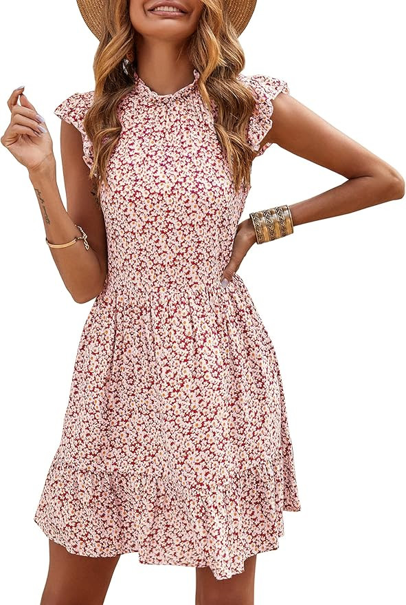 KIRUNDO Women’s Summer Sleeveless Ruffle Sleeve Crew Neck Floral Print Mini Dress Casual Loose ... | Amazon (US)