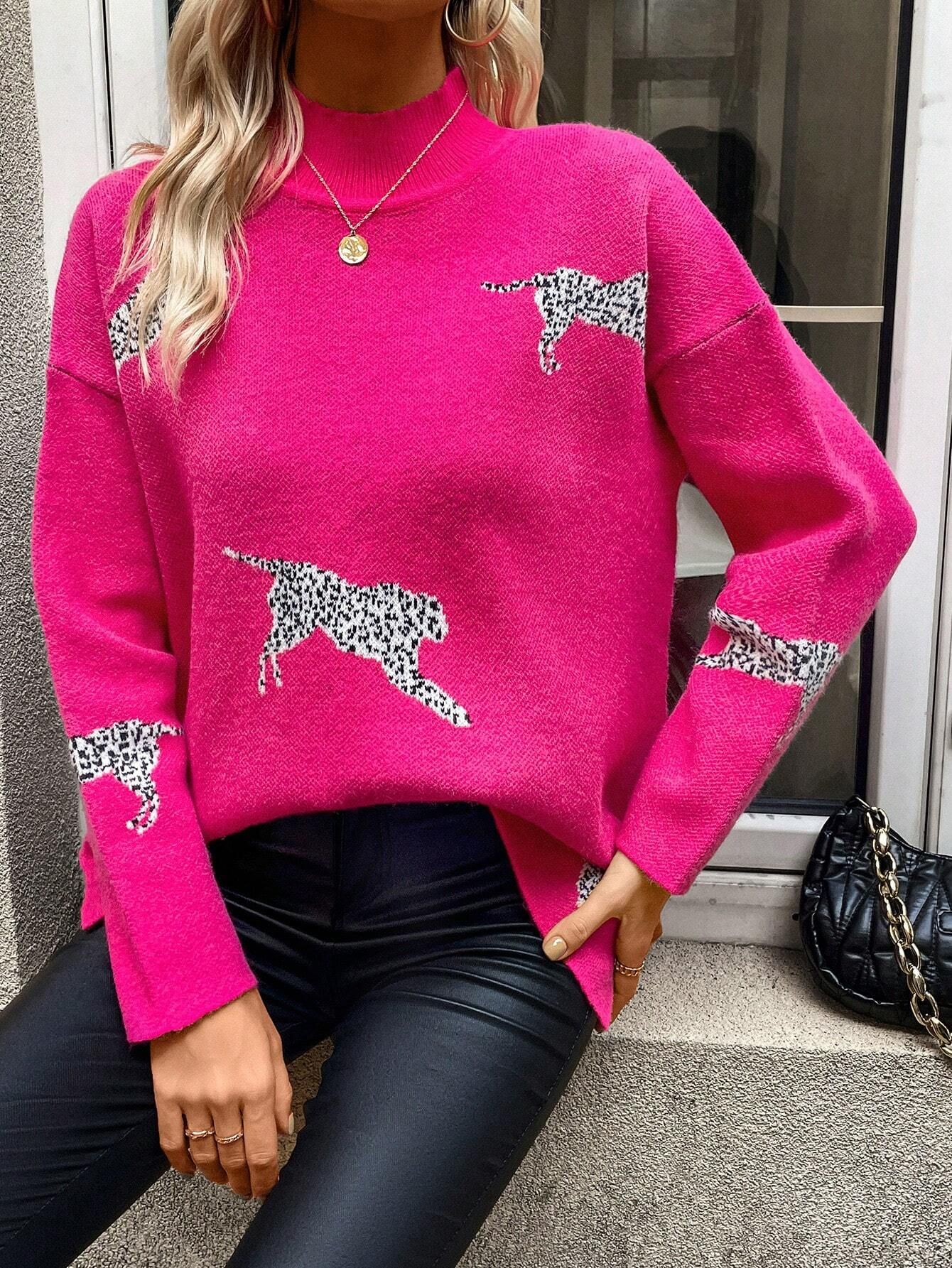 SHEIN Frenchy Leopard Pattern Mock Neck Split Hem Drop Shoulder Sweater | SHEIN