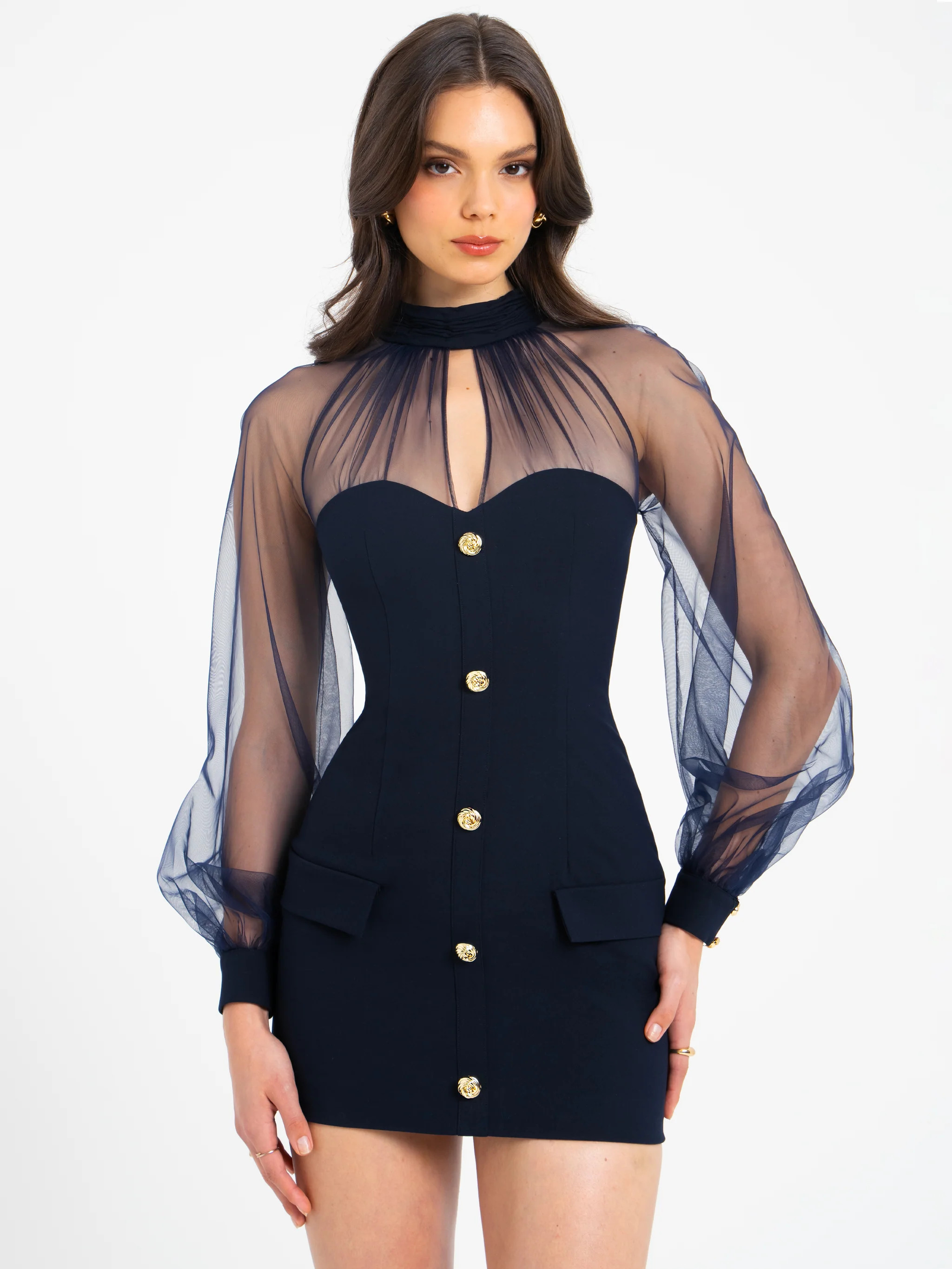 Tabitha Navy Blue Mesh Lantern Sleeve Mini Dress | Miss Circle