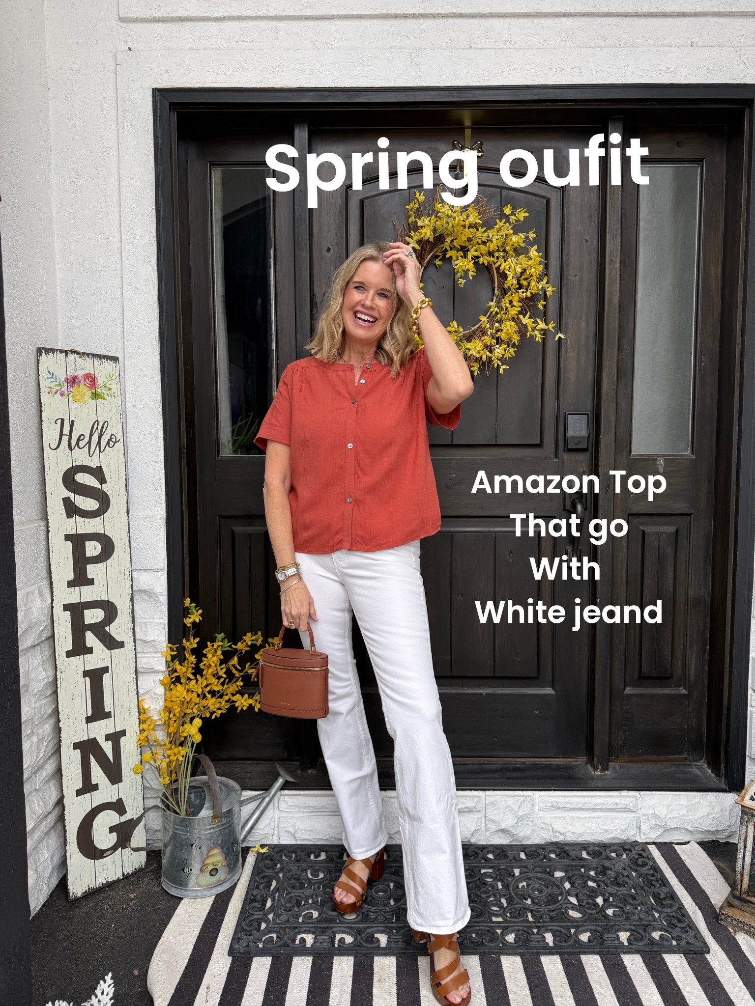 Amazon find top
That look great with
White jeans
Light weight feels like a soft linen fits tts and is button up

White jeans that fit great on every figure , mid rise straight leg with a little flare

Tan straps heel wooden heel sandal (sold out) linked similar 

Paris 1965  mini bag that I don’t have any  regrets  purchasing 
So good hold essentials plus
Also great for travel 

Julie voz gold chain bracelet and gold hoops

#LTKootd #LTKmomlife #LTKOver40